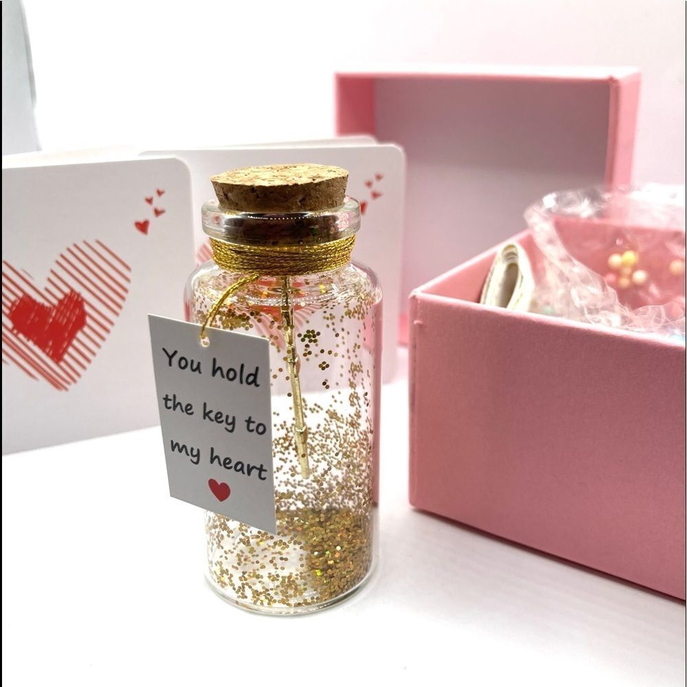 Sentimental Gift Key in small glass bottle pink gift set
